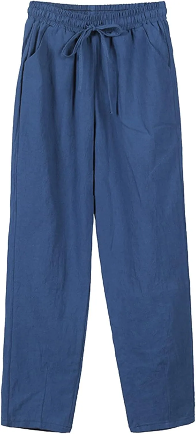 Women's Cotton Linen Pants High Waisted Drawstring Straight Leg Pants Summer Casual Long Trousers with Pockets