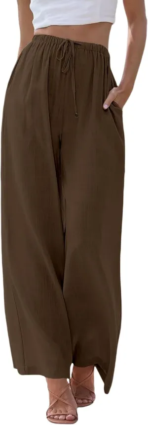 Women's Cotton Linen Summer Palazzo Pants High Waisted Drawstring Wide Leg Pants Beach Flowy Trousers with Pockets