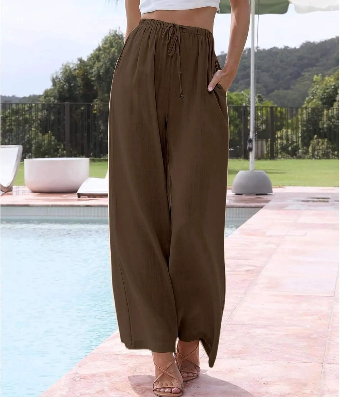 Women's Cotton Linen Summer Palazzo Pants High Waisted Drawstring Wide Leg Pants Beach Flowy Trousers with Pockets