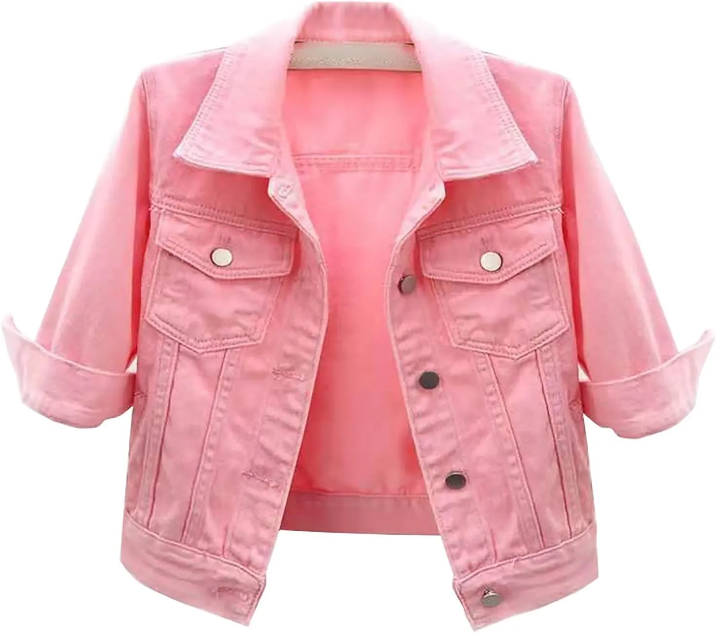 Women's Cropped Denim Jacket Plus Size Distressed Washed Button Down Long Sleeve Jean Trucker Jacket with Pockets