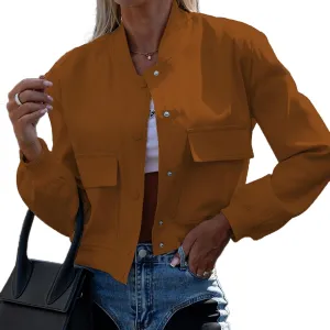 Womens Cropped Jackets Long Sleeve Button Down Stand Collar Trendy Casual Solid Color Coats with Pockets