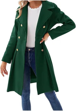 Womens Double Breasted Trench Coat Wool Blend Notch Lapel Pea Coat Elegant Long Coats Jacket Overcoat