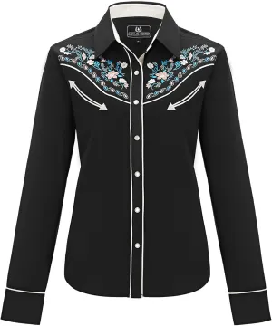 Women's Embroidered Western Cowgirl Slim Fit Shirt Long Sleeve Snap Button Down Shirt with Embroidery