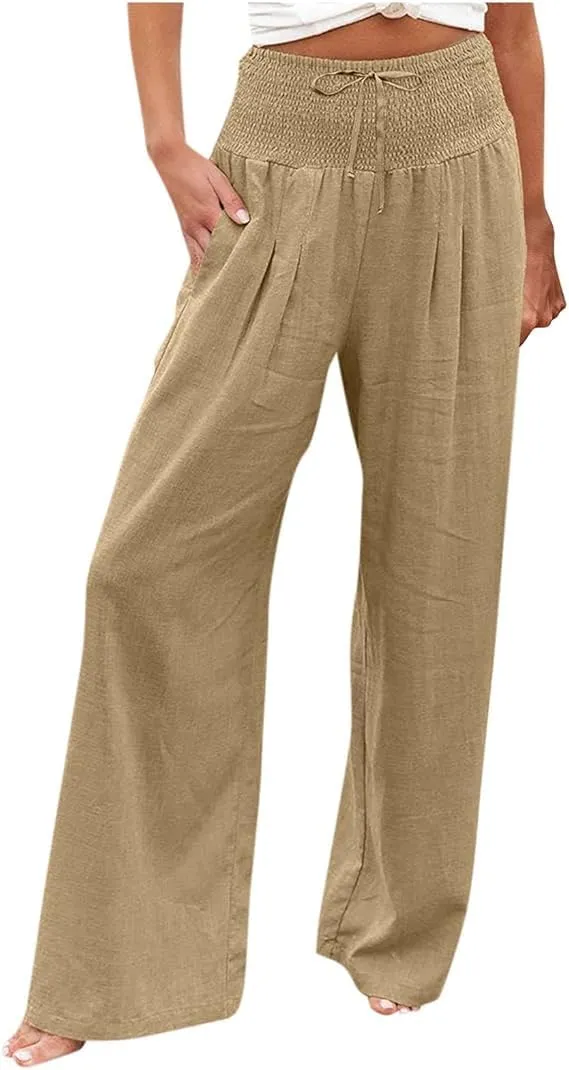 Women's Fashion High Waist Casual Bow Tie Pants Casual Palazzo Long Trousers Summer Beach Linen Pant with Pocket