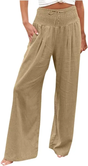 Women's Fashion High Waist Casual Bow Tie Pants Casual Palazzo Long Trousers Summer Beach Linen Pant with Pocket