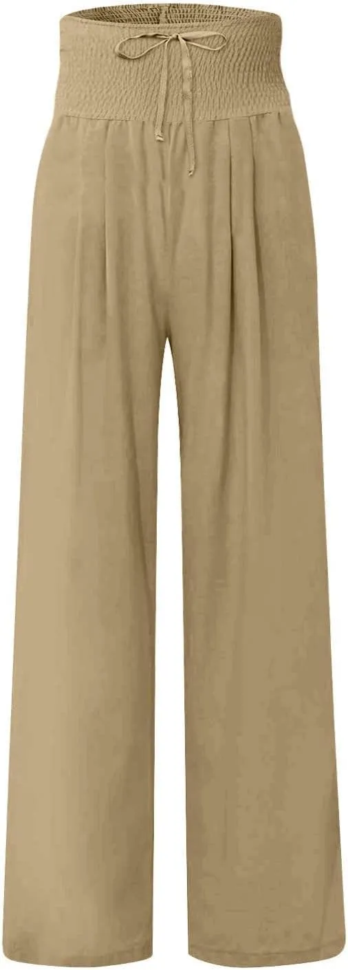 Women's Fashion High Waist Casual Bow Tie Pants Casual Palazzo Long Trousers Summer Beach Linen Pant with Pocket