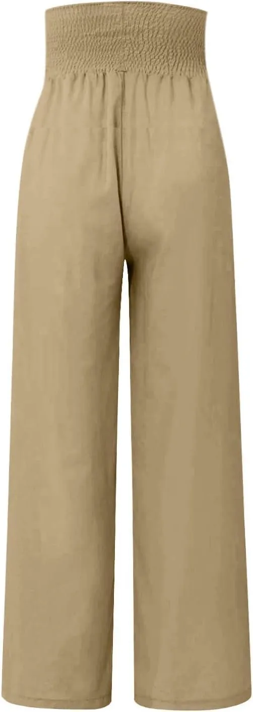 Women's Fashion High Waist Casual Bow Tie Pants Casual Palazzo Long Trousers Summer Beach Linen Pant with Pocket