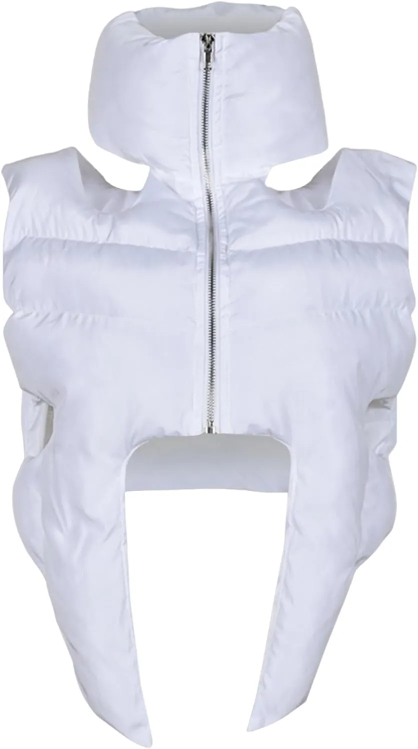 Women's Fashion Sleeveless Warm Crop Vest Casual Lightweight Puffer Vest Outwear Cute Cutout Zipper Padded Gilet