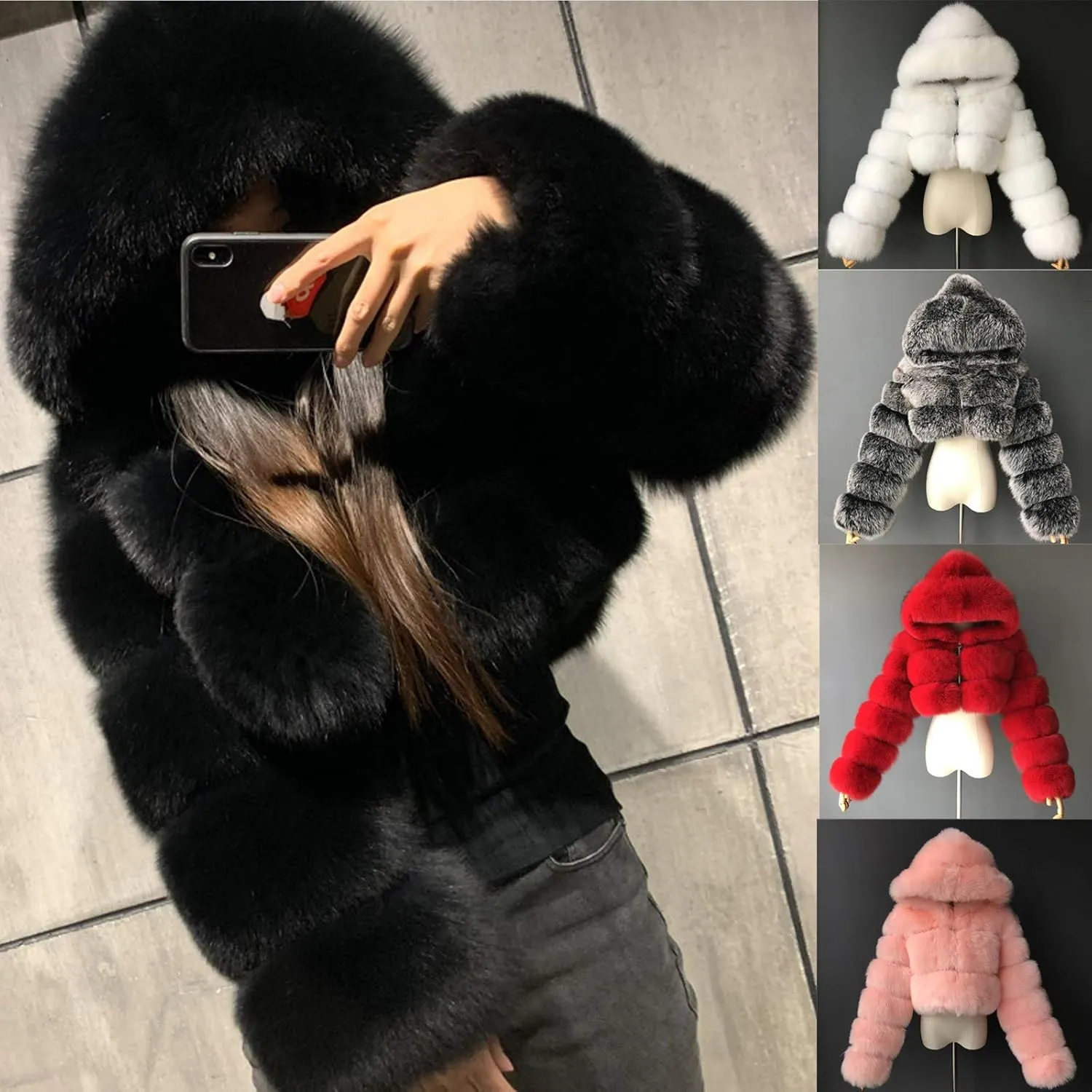 Women's Faux Fur Jacket Casual Fashion Cropped Coat Fluffy Shaggy Solid Outerwear Winter Warm Hooded Cardigan