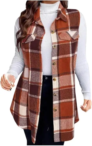 Womens Flannel Plaid Vests 2024 Trendy Long Sleeveless Button Down Shirt Jacket Casual Fall Winter Coat Outerwear
