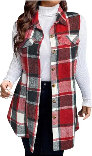 Womens Flannel Plaid Vests 2024 Trendy Long Sleeveless Button Down Shirt Jacket Casual Fall Winter Coat Outerwear