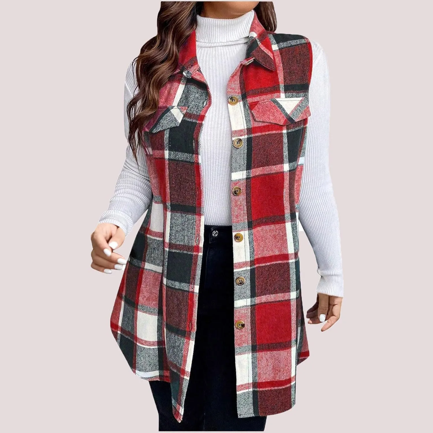 Womens Flannel Plaid Vests 2024 Trendy Long Sleeveless Button Down Shirt Jacket Casual Fall Winter Coat Outerwear