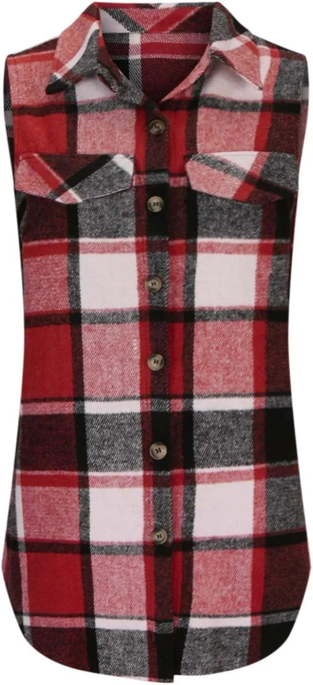 Womens Flannel Plaid Vests 2024 Trendy Long Sleeveless Button Down Shirt Jacket Casual Fall Winter Coat Outerwear
