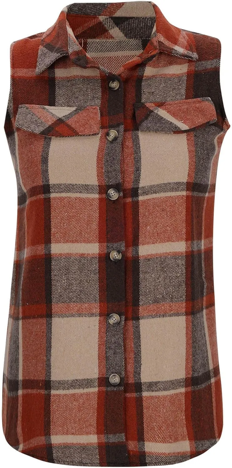 Womens Flannel Plaid Vests 2024 Trendy Long Sleeveless Button Down Shirt Jacket Casual Fall Winter Coat Outerwear