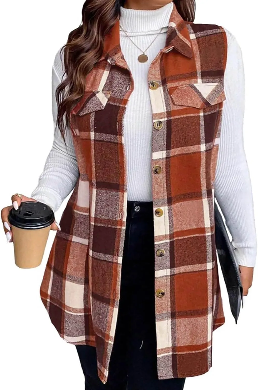 Womens Flannel Plaid Vests 2024 Trendy Long Sleeveless Button Down Shirt Jacket Casual Fall Winter Coat Outerwear