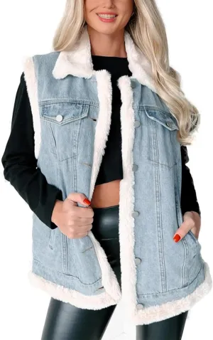 Womens Fleece Denim Reversible Vest Sherpa Winter Fuzzy Sleeveless Warm Jean Jacket Waistcoat Outwear with Pocket