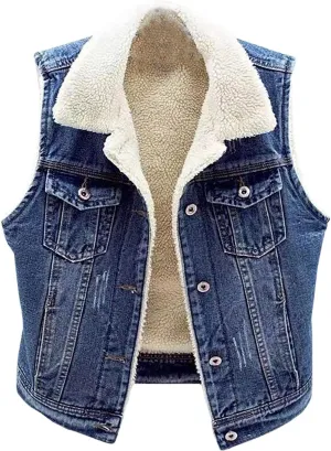 Womens Fleece Warm Jean Vest Button Down Sleeveless Fashion Jackets Sherpa Lined Teen Girls Trendy Soft Vest Jackets