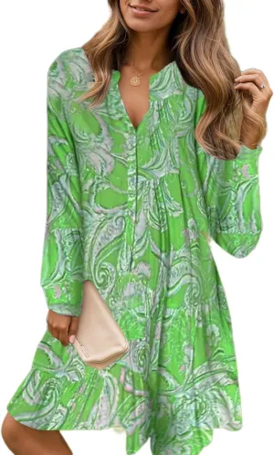 Women's Flowy Bohemian Floral Ruffle Button V Neck Long Sleeve Mini Dress Summer Casual Loose Vacation Tunic Dress