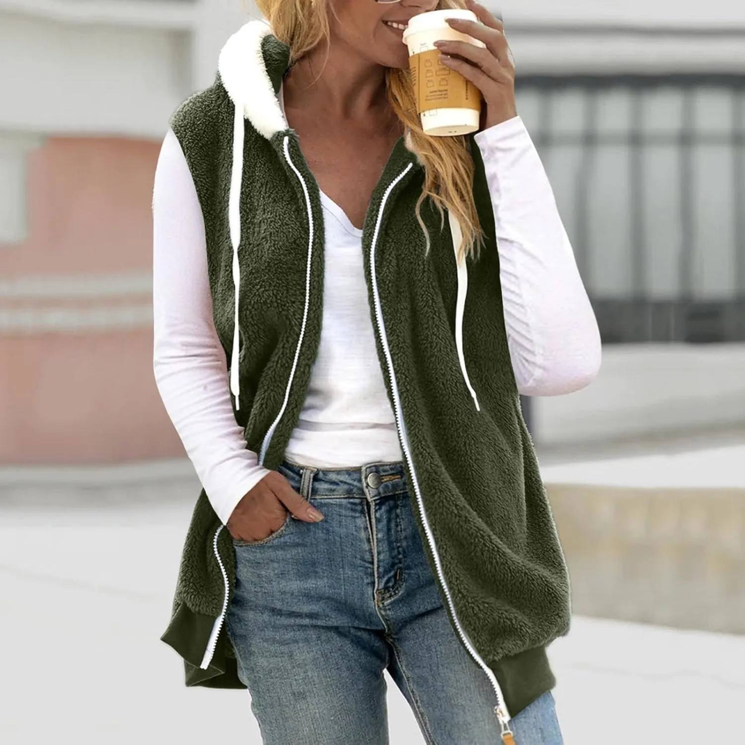 Womens Fuzzy Fleece Vest with Hood, Casual Warm Cozy Sleeveless Sweaters Vests Zip up Sherpa Vest Jackets Outerwear