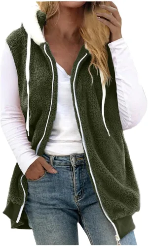 Womens Fuzzy Fleece Vest with Hood, Casual Warm Cozy Sleeveless Sweaters Vests Zip up Sherpa Vest Jackets Outerwear