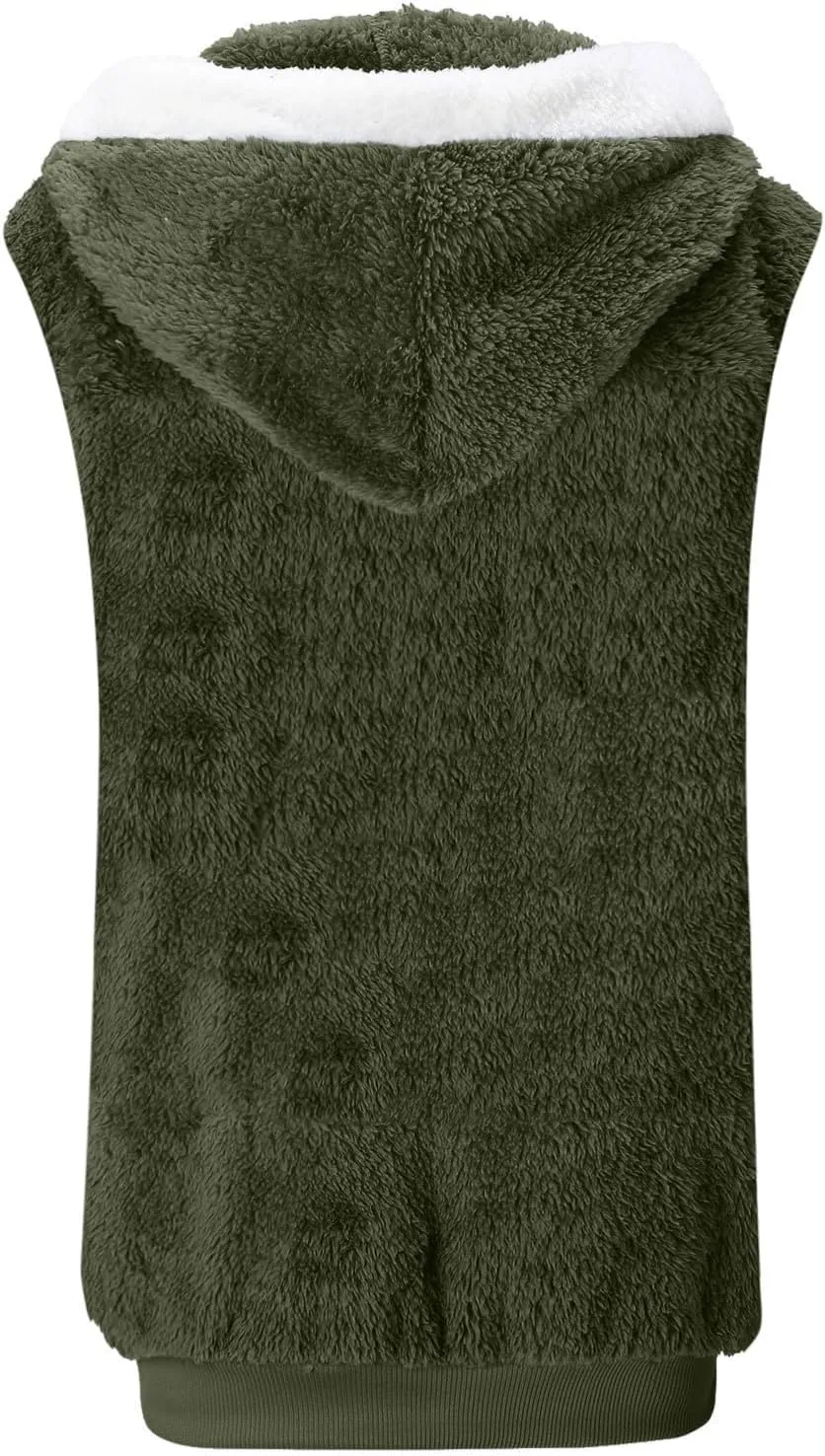 Womens Fuzzy Fleece Vest with Hood, Casual Warm Cozy Sleeveless Sweaters Vests Zip up Sherpa Vest Jackets Outerwear