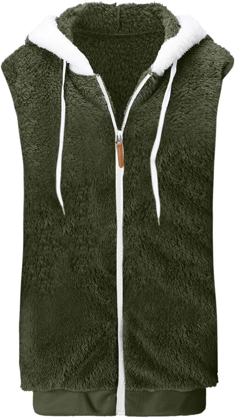 Womens Fuzzy Fleece Vest with Hood, Casual Warm Cozy Sleeveless Sweaters Vests Zip up Sherpa Vest Jackets Outerwear