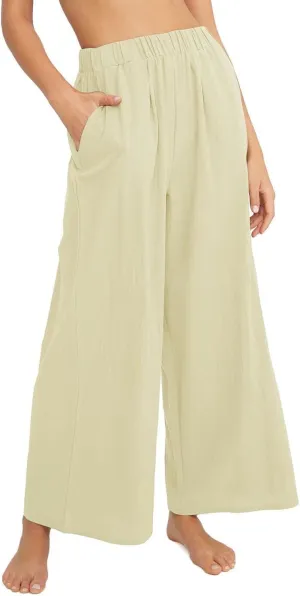 Women's High Waist Casual Wide-Leg Linen Trousers Vacation Palazzo Beach Pant Summer Business Pants with Pockets