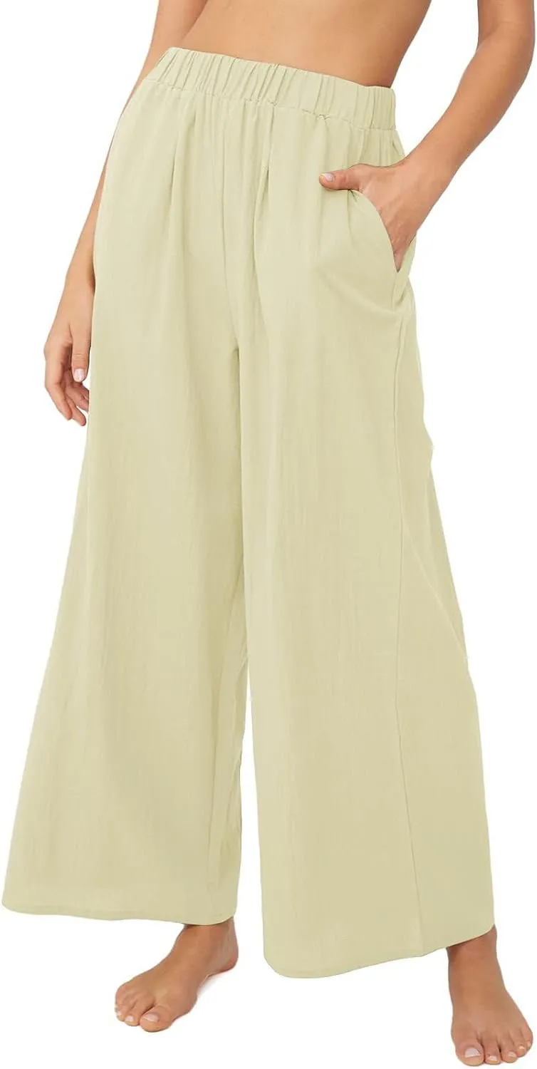 Women's High Waist Casual Wide-Leg Linen Trousers Vacation Palazzo Beach Pant Summer Business Pants with Pockets