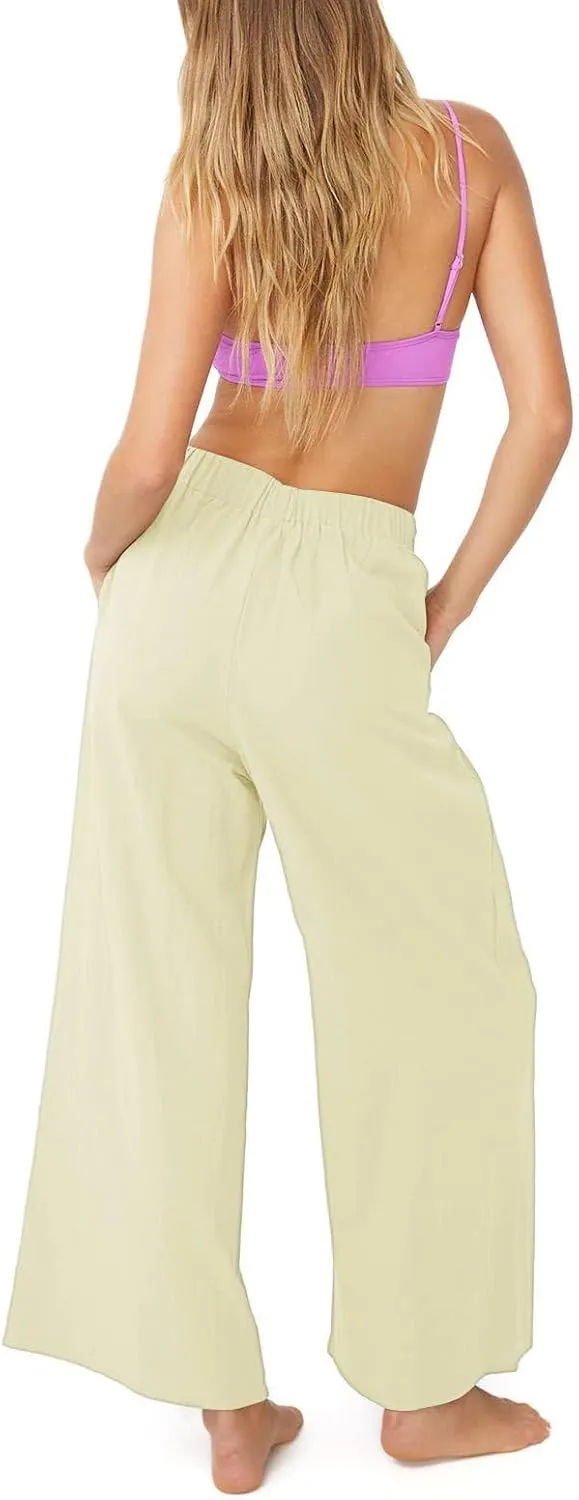 Women's High Waist Casual Wide-Leg Linen Trousers Vacation Palazzo Beach Pant Summer Business Pants with Pockets