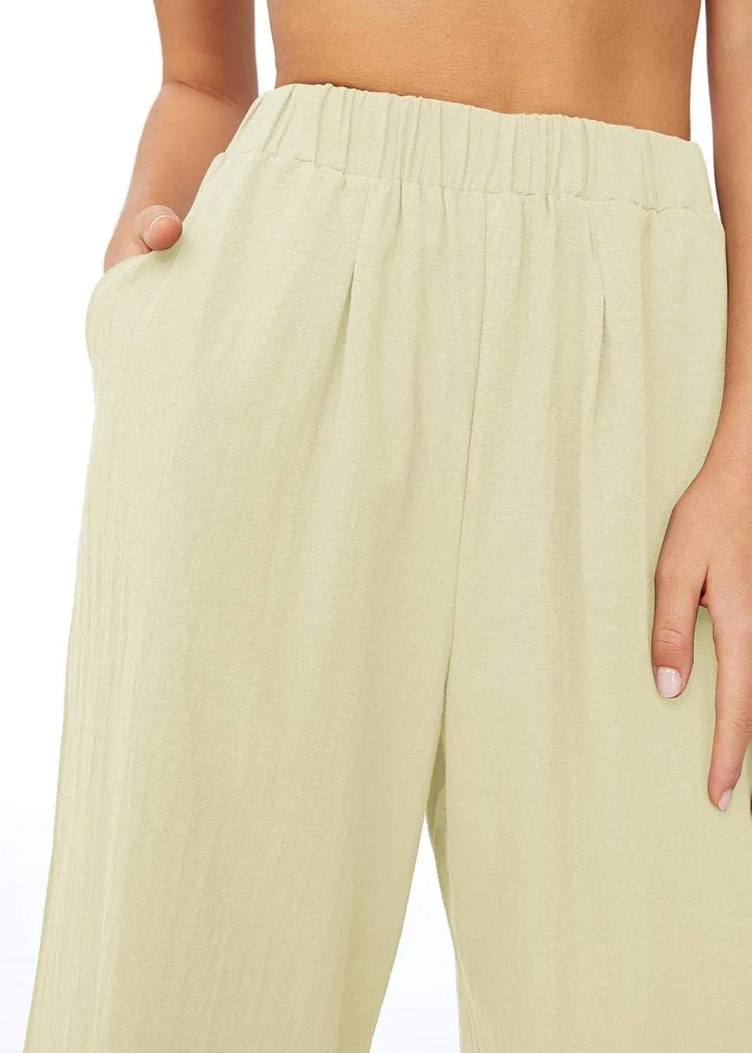 Women's High Waist Casual Wide-Leg Linen Trousers Vacation Palazzo Beach Pant Summer Business Pants with Pockets