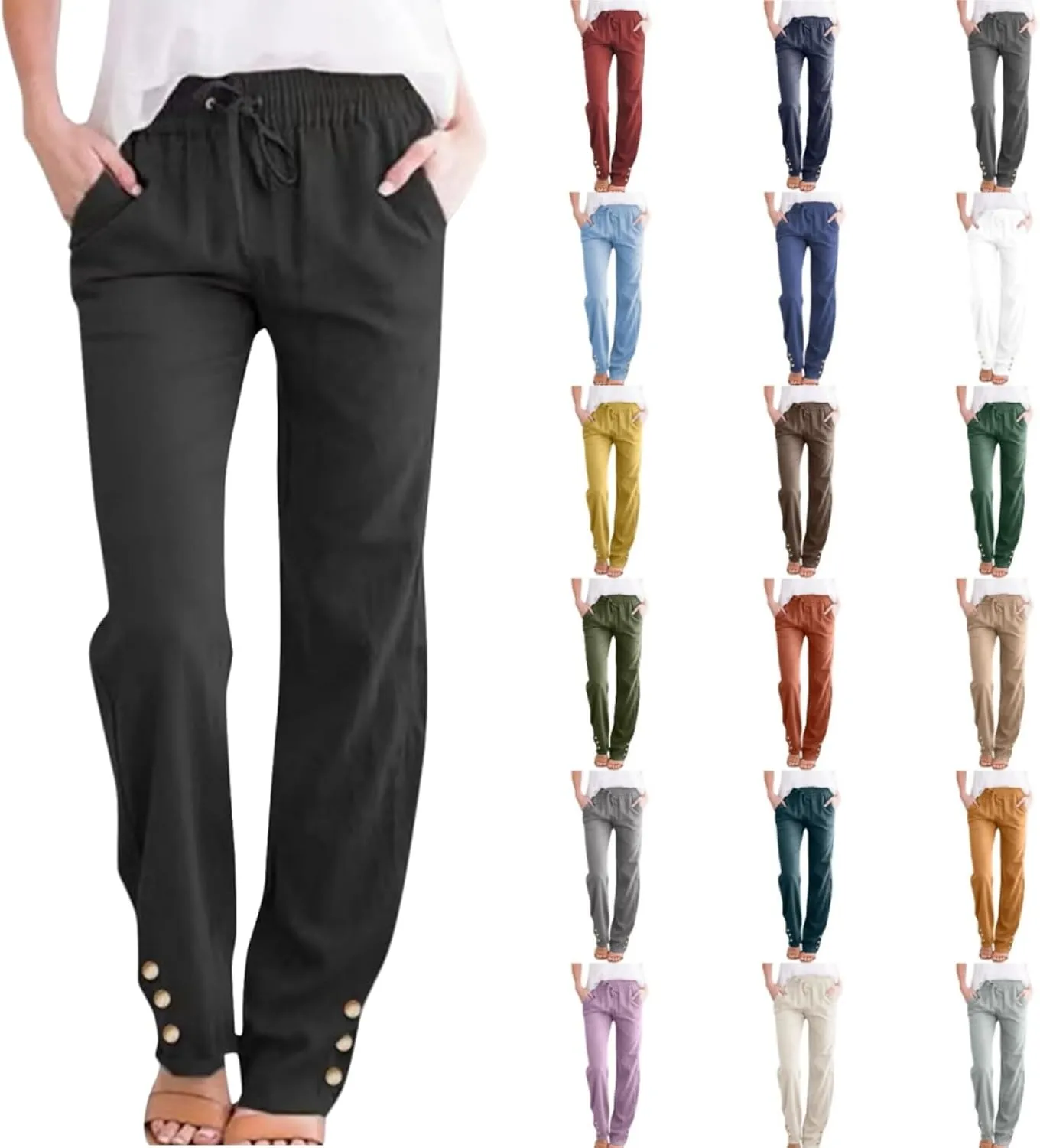 Women's High Waist Linen Pants Summer Elastic Drawstring Casual Trousers with Pocket, Comfy Straight Leg Lounge Pants