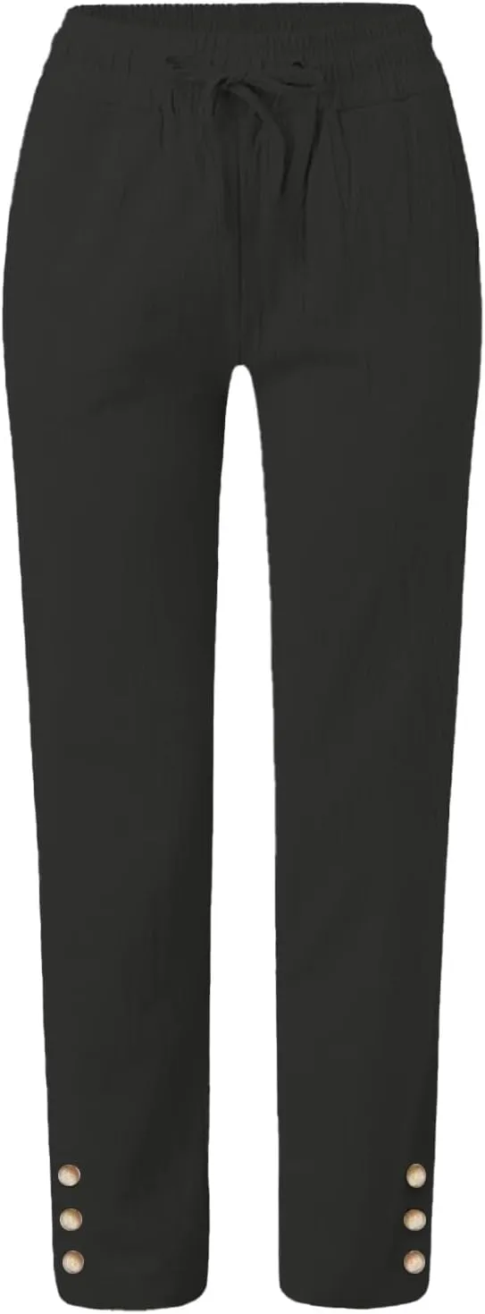 Women's High Waist Linen Pants Summer Elastic Drawstring Casual Trousers with Pocket, Comfy Straight Leg Lounge Pants