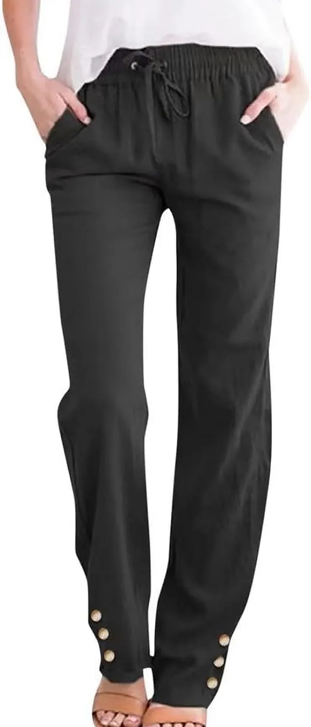 Women's High Waist Linen Pants Summer Elastic Drawstring Casual Trousers with Pocket, Comfy Straight Leg Lounge Pants