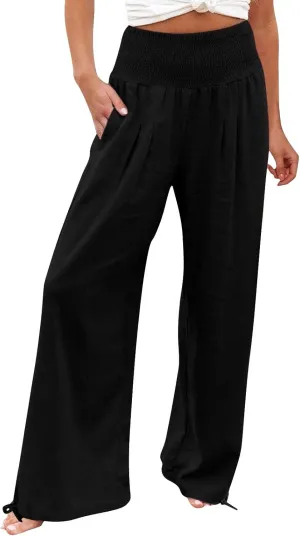 Womens High Waist Pockets Elastic Waist Solid Loose Pants Casual Long Trousers Women's Pants Casual Elastic Waist