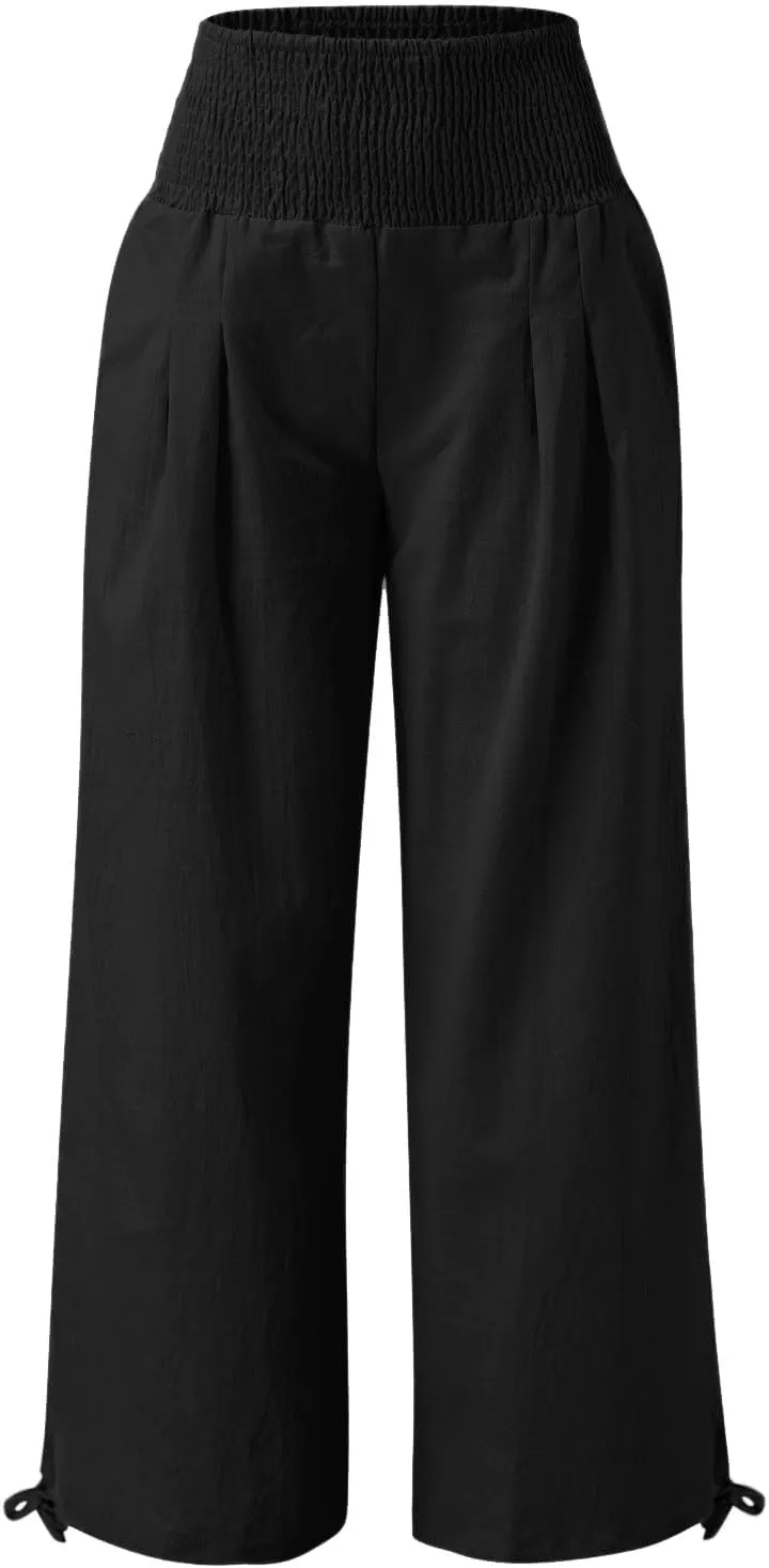 Womens High Waist Pockets Elastic Waist Solid Loose Pants Casual Long Trousers Women's Pants Casual Elastic Waist