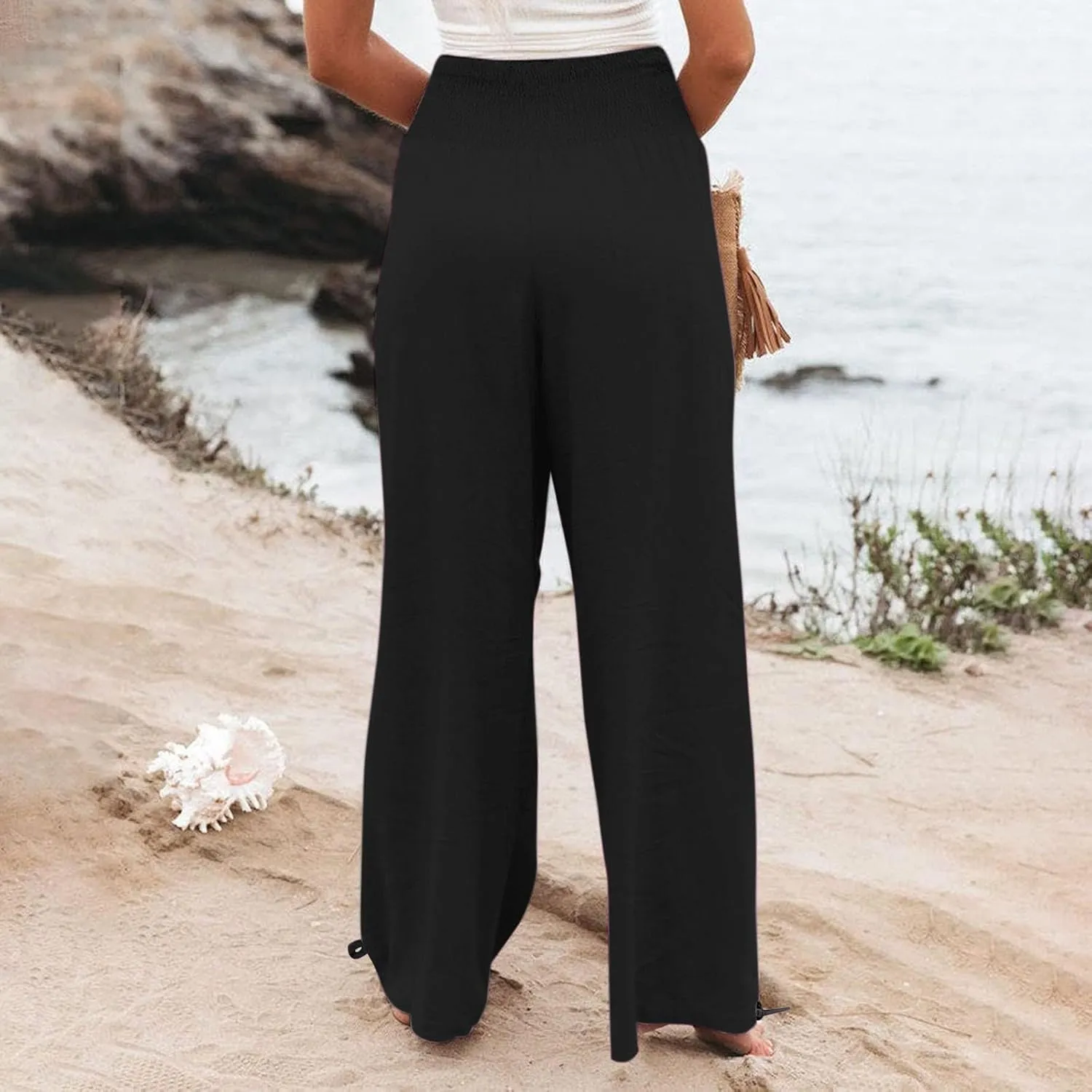 Womens High Waist Pockets Elastic Waist Solid Loose Pants Casual Long Trousers Women's Pants Casual Elastic Waist