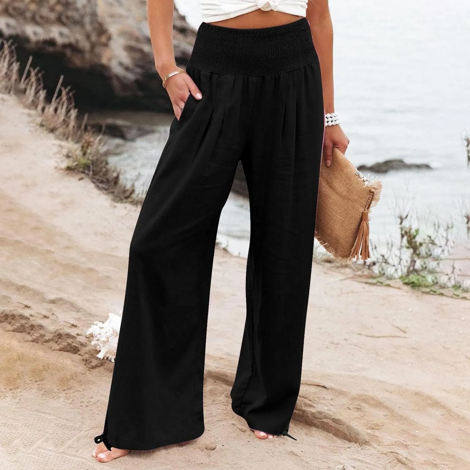 Womens High Waist Pockets Elastic Waist Solid Loose Pants Casual Long Trousers Women's Pants Casual Elastic Waist