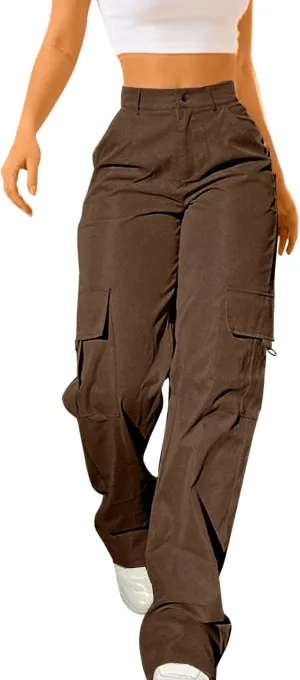 Womens High Waist Straight Leg Pants Solid Color Casual Trousers with Pockets 2024 Trendy Casual Cargo Joggers Pants