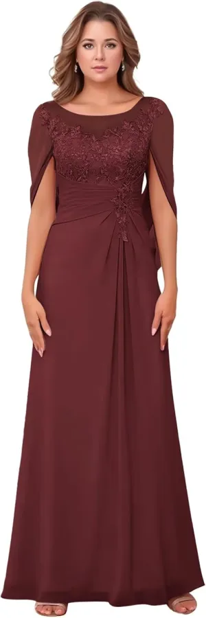 Women's Lace Chiffon Mother of The Bride Dresses for Wedding Cape Ruched Long Sequin Formal Dress 2025
