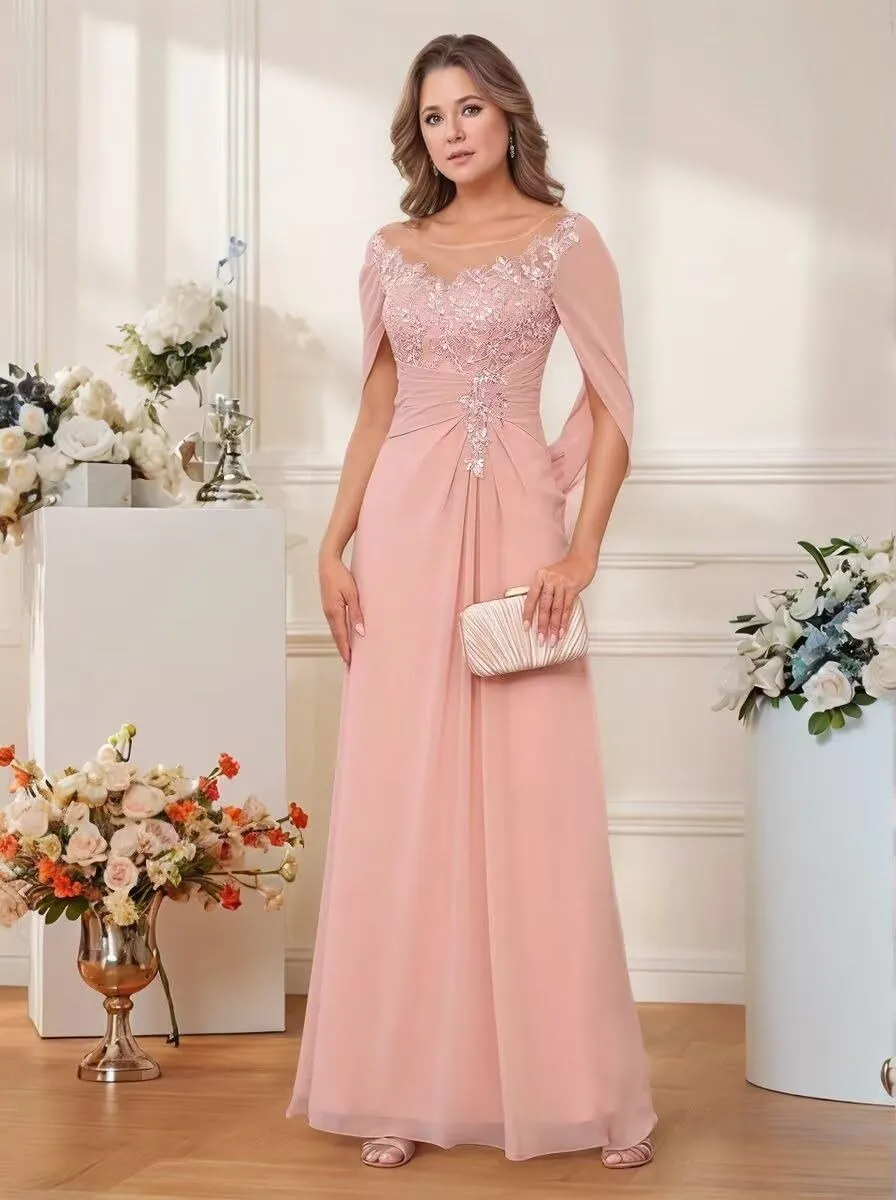 Women's Lace Chiffon Mother of The Bride Dresses for Wedding Cape Ruched Long Sequin Formal Dress 2025