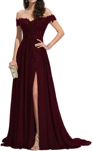 Women's Laces Appliques Bridesmaid Dress Chiffon Prom Dress Off Shoulder Formal Evening Party Gowns with Slit