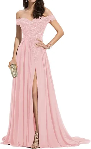 Women's Laces Appliques Bridesmaid Dress Chiffon Prom Dress Off Shoulder Formal Evening Party Gowns with Slit