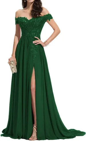 Women's Laces Appliques Bridesmaid Dress Chiffon Prom Dress Off Shoulder Formal Evening Party Gowns with Slit