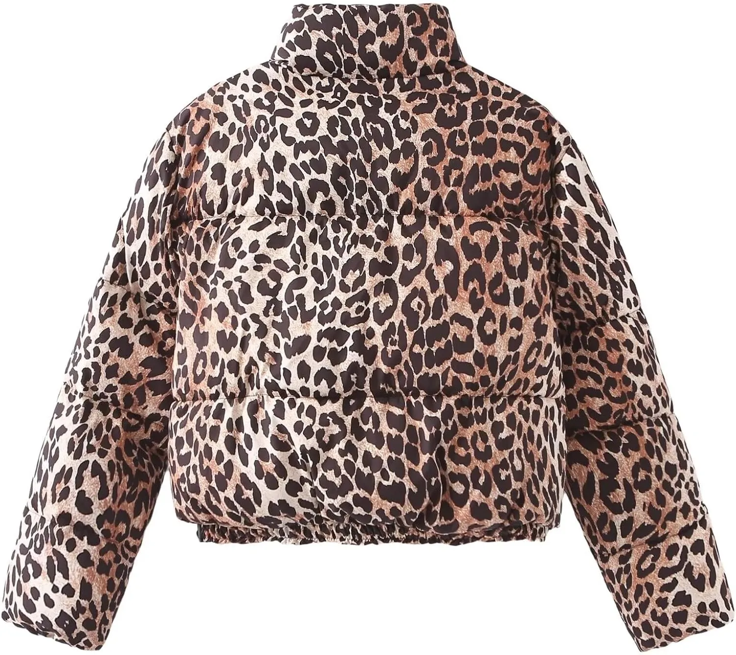 Womens Leopard Print Cropped Puffer Jacket Winter Warm Stand Collar Zip Up Short Down Coat Outwears