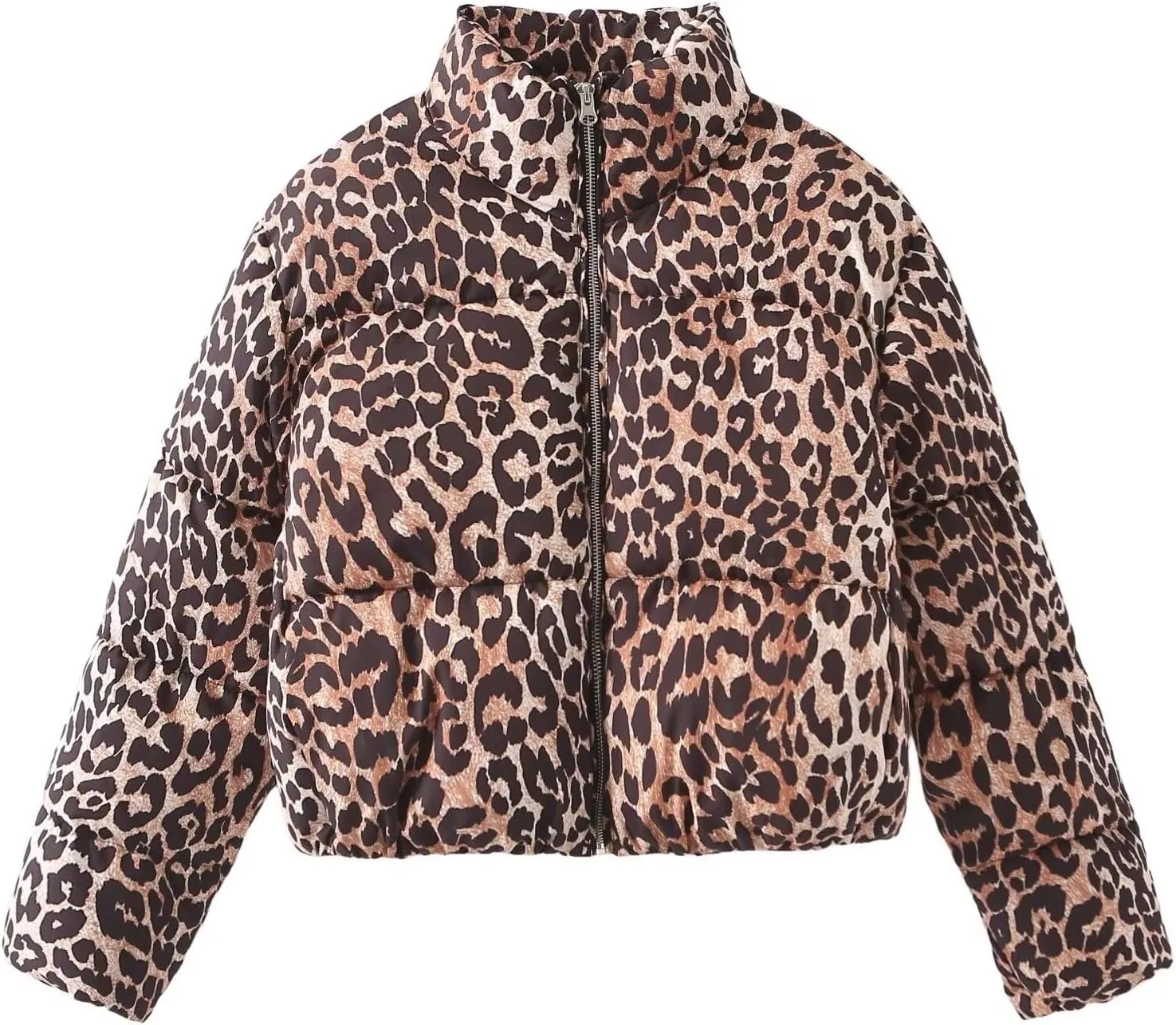 Womens Leopard Print Cropped Puffer Jacket Winter Warm Stand Collar Zip Up Short Down Coat Outwears