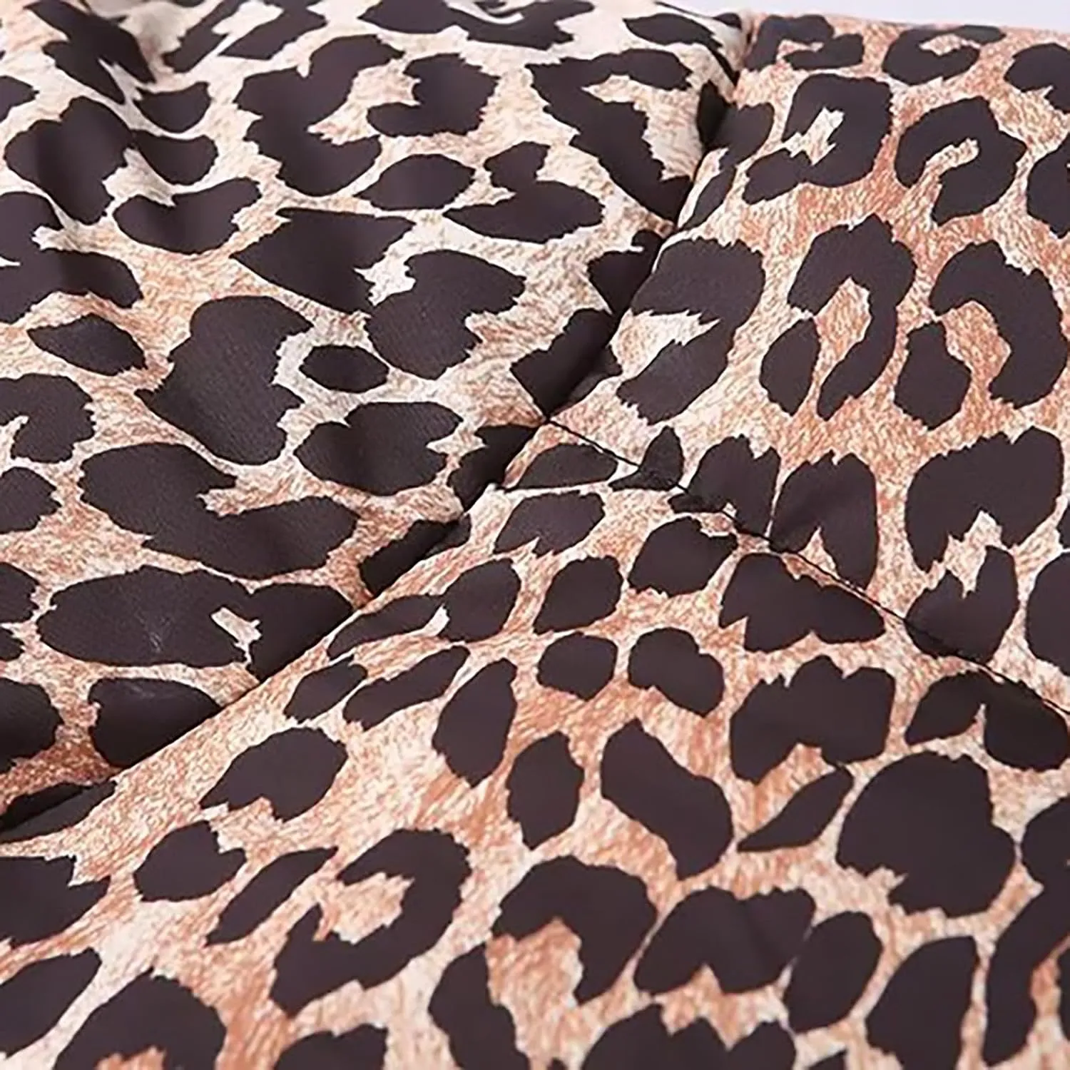 Womens Leopard Print Cropped Puffer Jacket Winter Warm Stand Collar Zip Up Short Down Coat Outwears