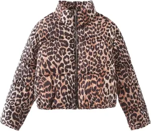 Womens Leopard Print Cropped Puffer Jacket Winter Warm Stand Collar Zip Up Short Down Coat Outwears