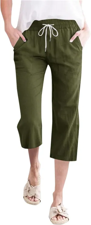 Womens Linen Capris Pants Summer Casual Drawstring Pants High Waisted Comfy Lightweight Loose Trousers with Pockets