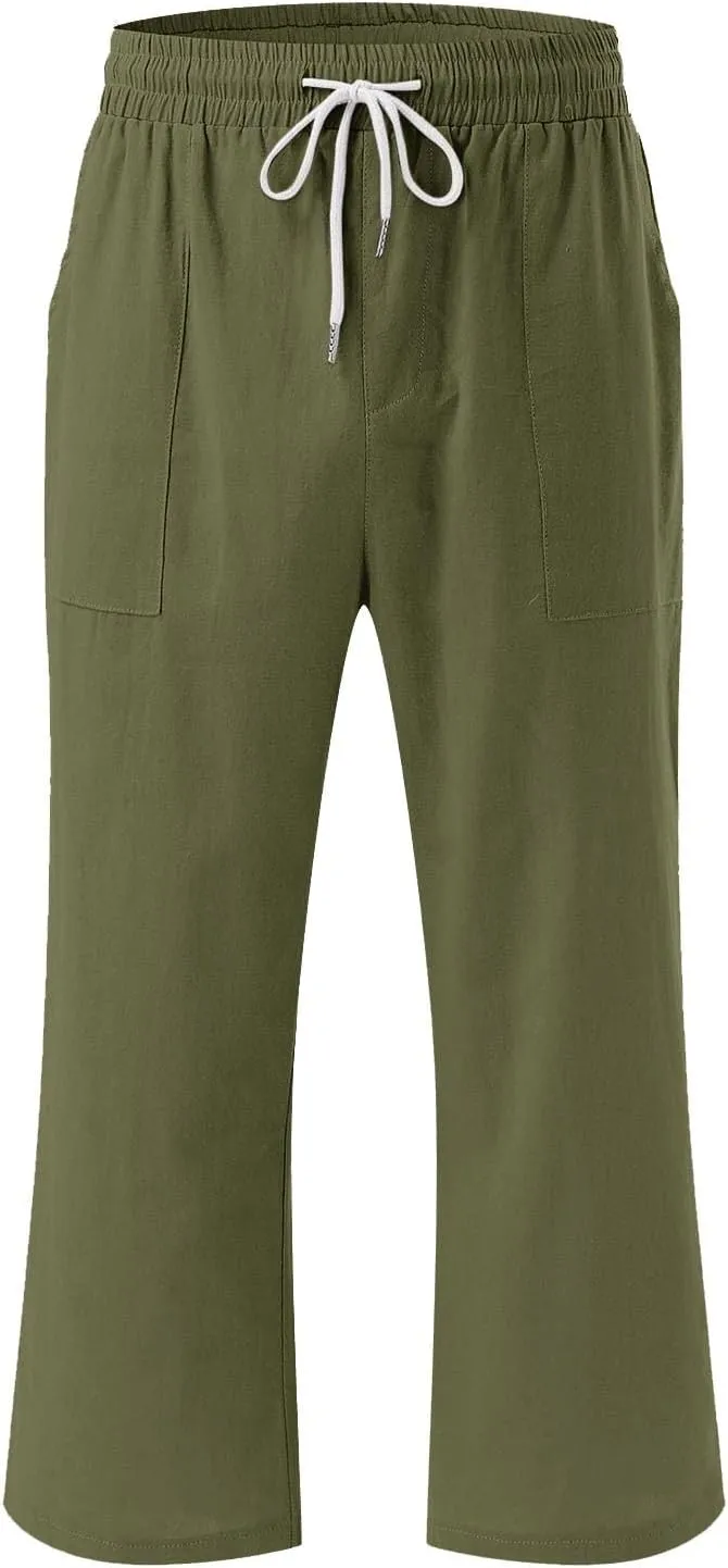 Womens Linen Capris Pants Summer Casual Drawstring Pants High Waisted Comfy Lightweight Loose Trousers with Pockets