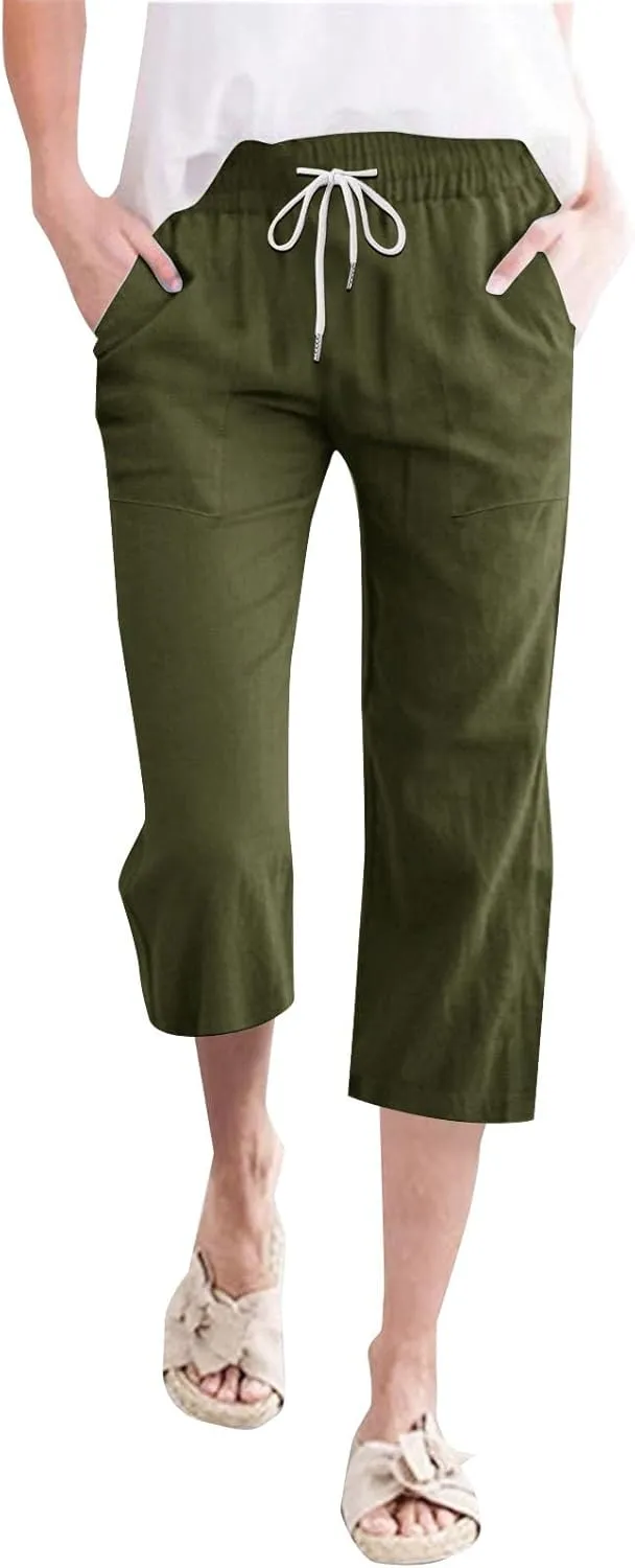 Womens Linen Capris Pants Summer Casual Drawstring Pants High Waisted Comfy Lightweight Loose Trousers with Pockets